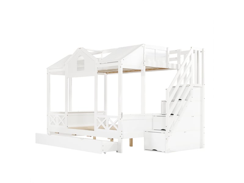  Lit superposé enfant 90x200 et 140x200 cm, lit cabane avec escalier de rangement et 2 tiroirs, en bois de pin et mdf, blanc  - Conforama D