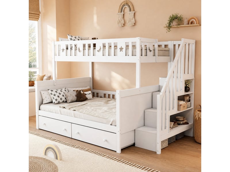  Lit superposé 200x90 cm et 200x140 cm, lit enfant avec escalier, 2 tiroirs et barrières, sans matelas, blanc  - Conforama B