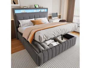 Lit coffre ulevr 160x200 cm avec led et prise usb, tête de lit avec étagère et rangements, structure hydraulique, lin gris