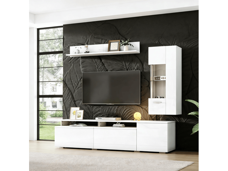  Ensemble meuble tv 3 pièces blanc brillant avec led usb pour téléviseur jusqu'à environ 80 pouces  - Conforama D