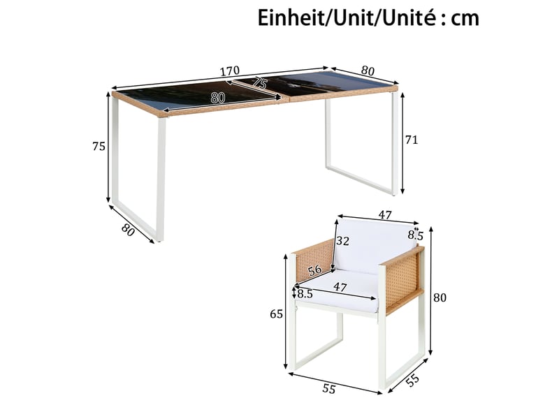  Salon de jardin,170x80x75 cm,6 places avec table,rotin pe,marron et blanc  - Conforama C