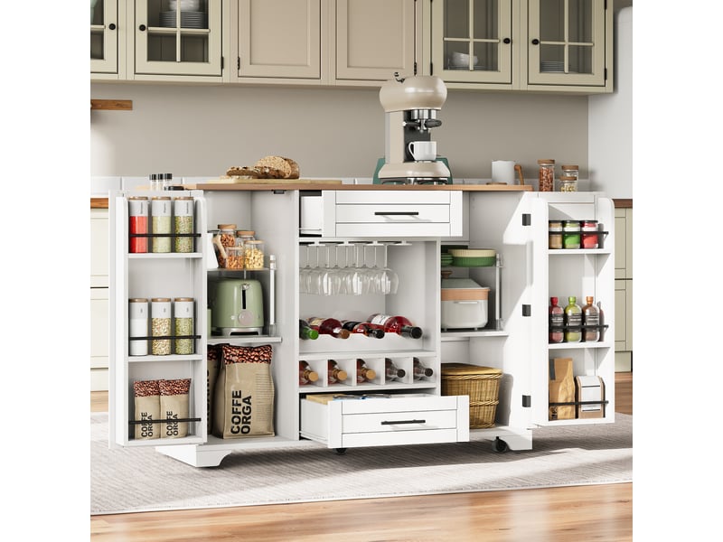  Desserte de cuisine,138x70x92 cm,avec plateau rabattable,mdf,blanc et naturel  - Conforama B