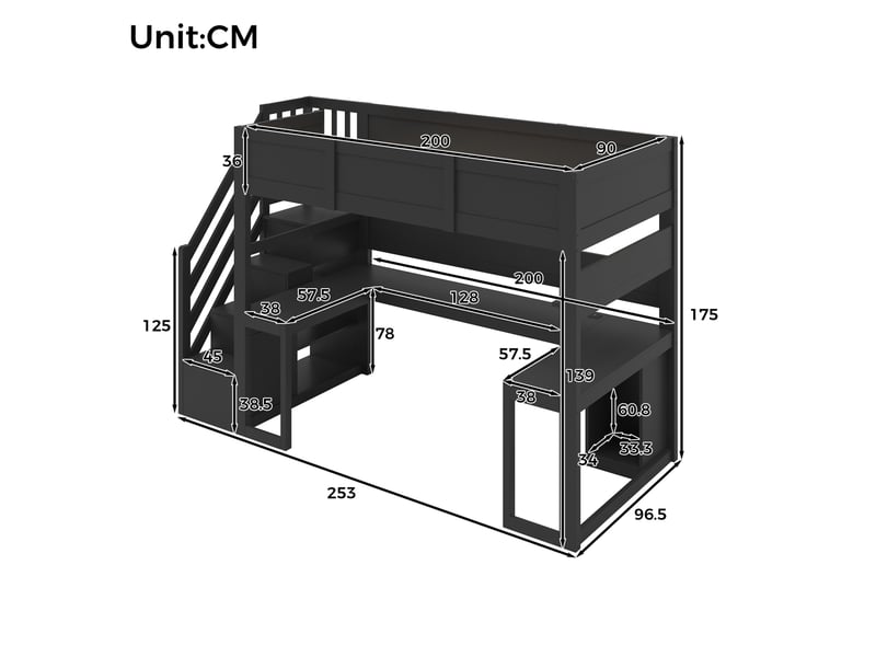  Lit mezzanine pour gamer 90x200 cm, bureau intégré, escalier rangement, led, port usb, mdf noir sans matelas  - Conforama C