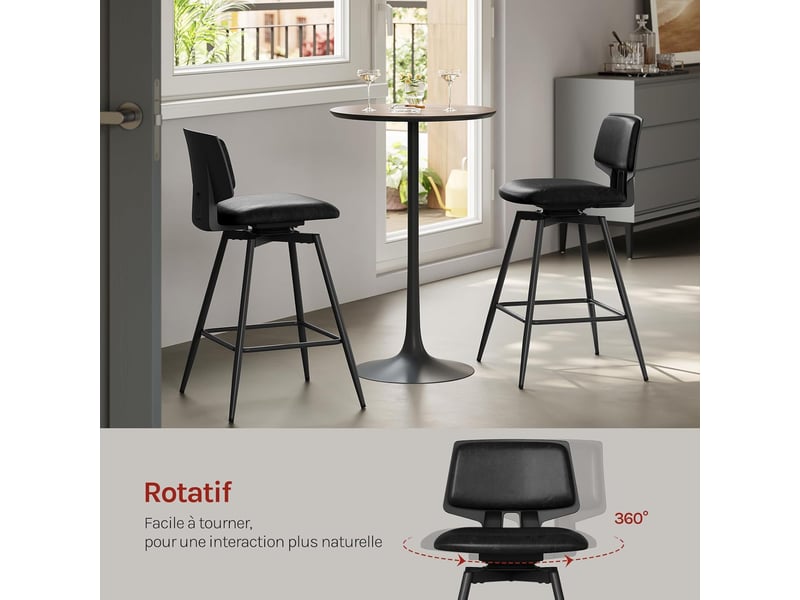  Lot de 2 tabourets bar pivotantes à 360°, structure métallique, en similicuir brillant, noir  - Conforama E