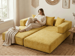 Kaleido 1.0 - canapé modulable en chenille jaune - canapé convertible en plusieurs formes - 3 coussins inclus - parfait pour salon, chambre et bureau