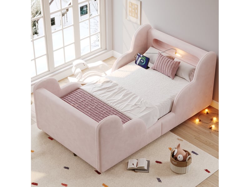  Lit simple enfant 90x200 cm en velours rose avec barrière, veilleuse et usb  - Conforama D