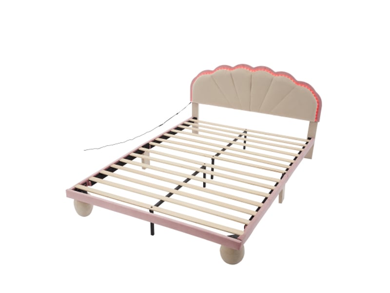  Lit enfant 140x200 cm lit double avec éclairage led et sommier à lattes en bois, en velours, beige, sans matelas  - Conforama E