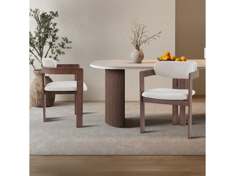  Lot de 2 chaises de repas en tissu beige pieds en chêne massif foncé  - Conforama B