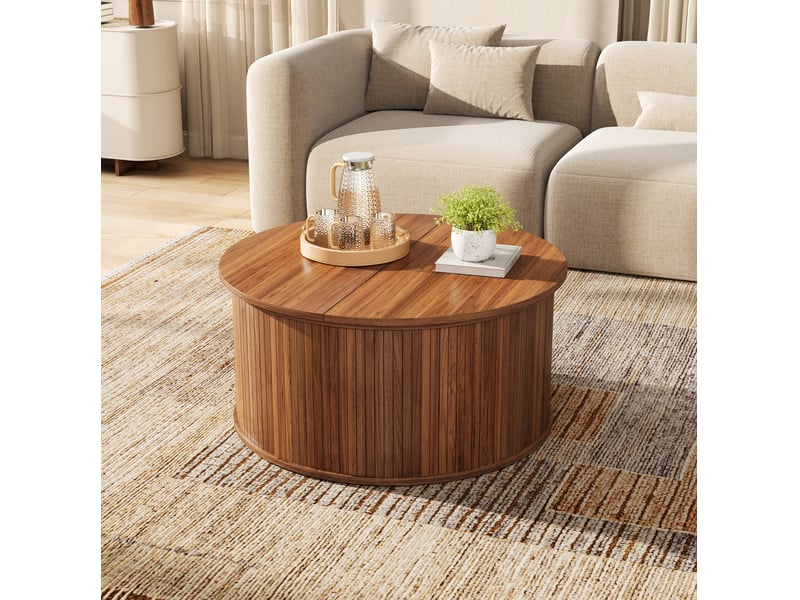  Table basse ronde avec plateau relevable et rangement sous couvercle, finition noyer en mdf, pour salon 88 × 88 × 53,5 cm  - Conforama E