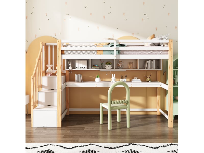  Lit mezzanine, 90x200 cm, avec bureau intégré, solution de rangement, matelas non inclus, bois, coloris blanc et chêne  - Conforama B