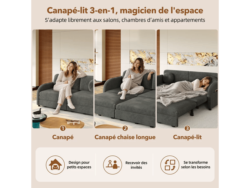  Canapé convertible 2 places gris en chenille avec couchage 154 x 200 cm Fay Lum - Conforama R