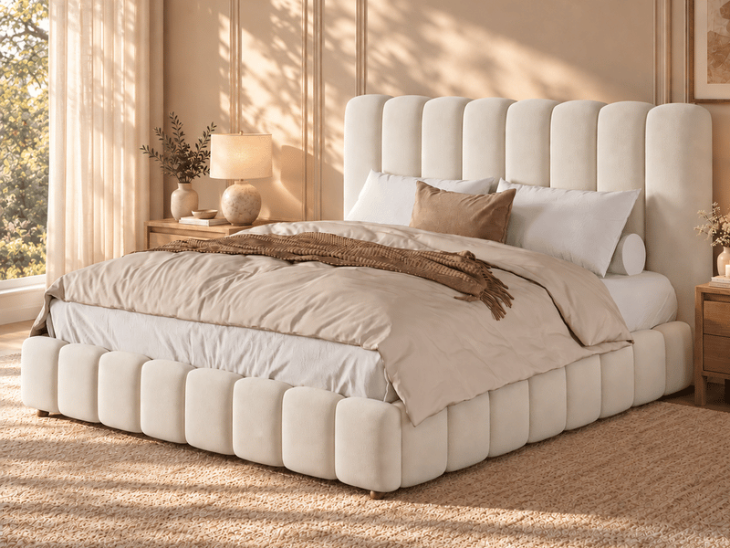  Lit tapissier 200 × 200 cm, velours, tête de lit rembourrée, sommier à lattes inclus, pieds en bois massif, beige  - Conforama B