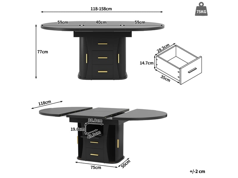  Table de salle à manger extensible ronde noire en mdf, 118 à 158 cm, jusqu’à 6 personnes et rangement intégré  - Conforama C