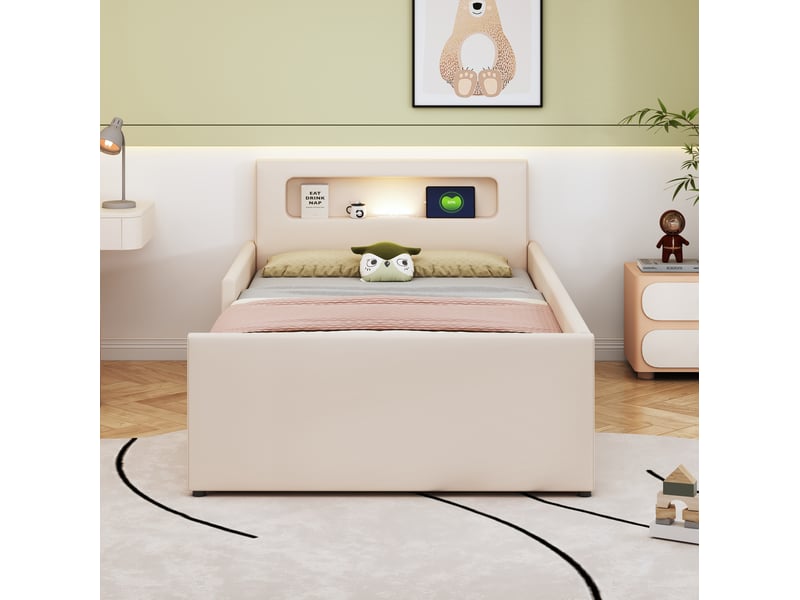  Lit enfant 90x200 cm en similicuir beige avec tiroirs, veilleuse et prise usb  - Conforama E