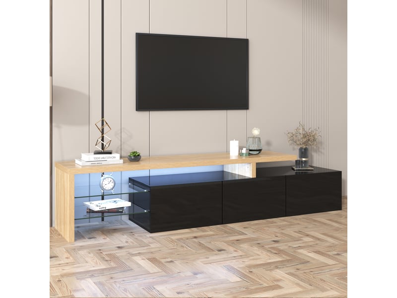  Meuble tv design moderne élégant,3 portes noir brillant,étagères en verre,éclairage led,aspect bois,197.5x39x42cm Façade Brillante,avec Lumière - Conforama R