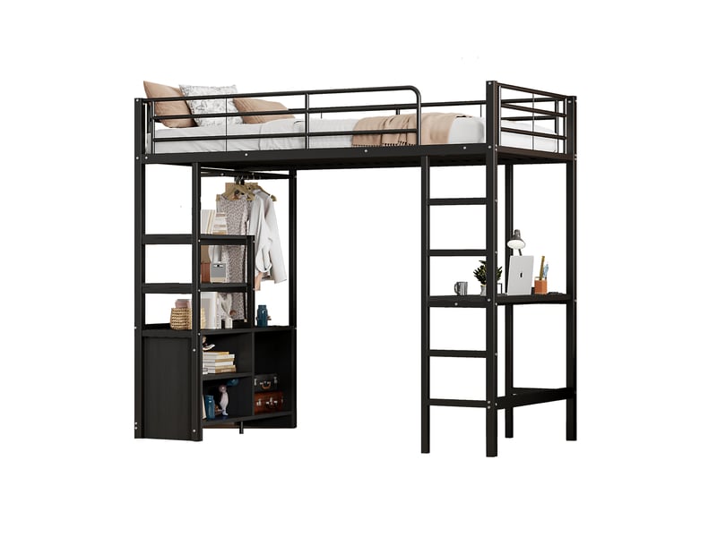  Lit mezzanine 90*200cm sans matelas, structure métal, bureau, prises usb, étagères, noir  - Conforama A