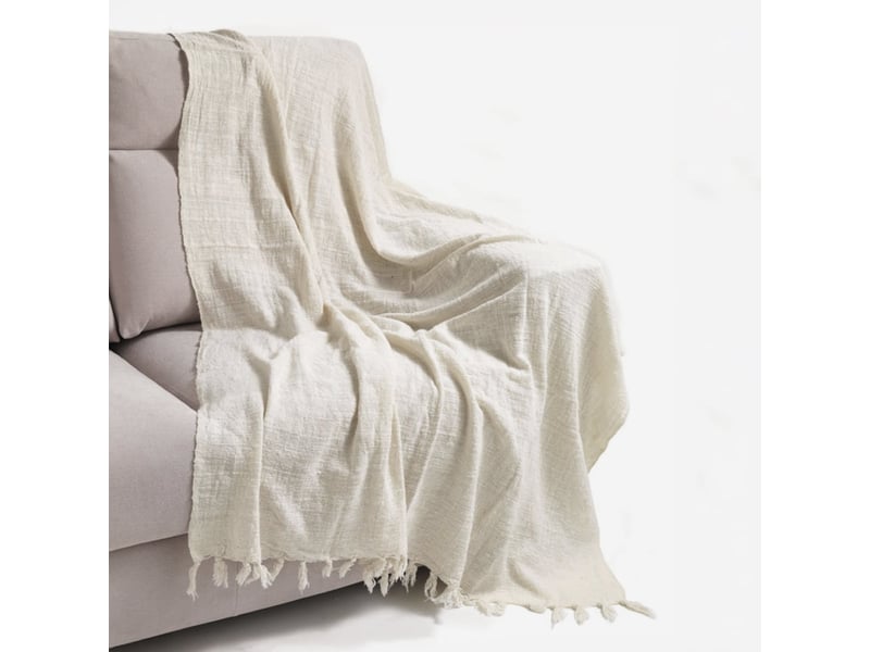  Plaid décoratif 100 % coton avec pompons yantra - blanc  - Conforama C