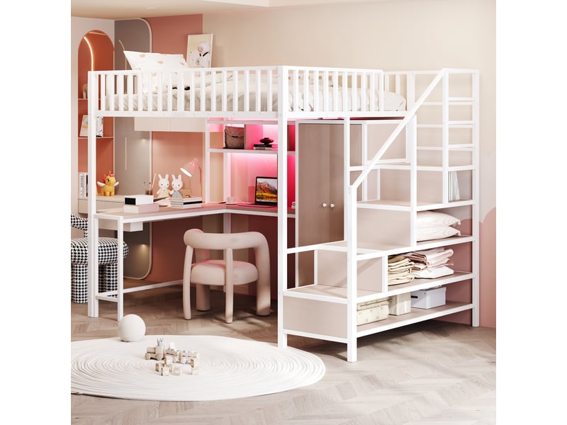 Lit enfant 140x200 cm avec éclairage led, lit mezzanine, lit double avec bureau et tiroirs, lit 2 personnes, blanc - Conforama D