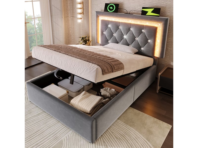  Lit coffre 90x200 cm avec rangement hydraulique, led et ports usb en velours gris  - Conforama C