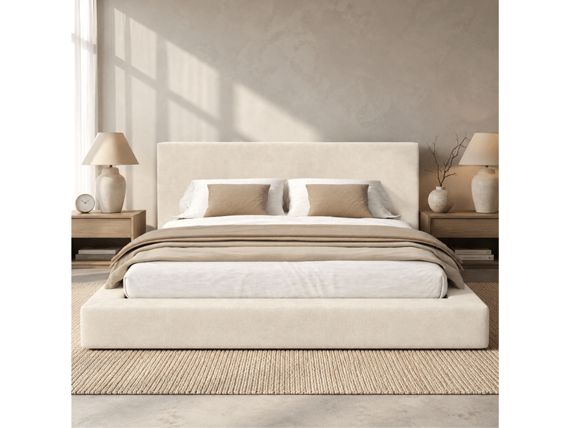  Lit coffre 180 × 200 cm avec sommier à lattes et ouverture hydraulique, tête de lit rembourrée en chenille beige  - Conforama E