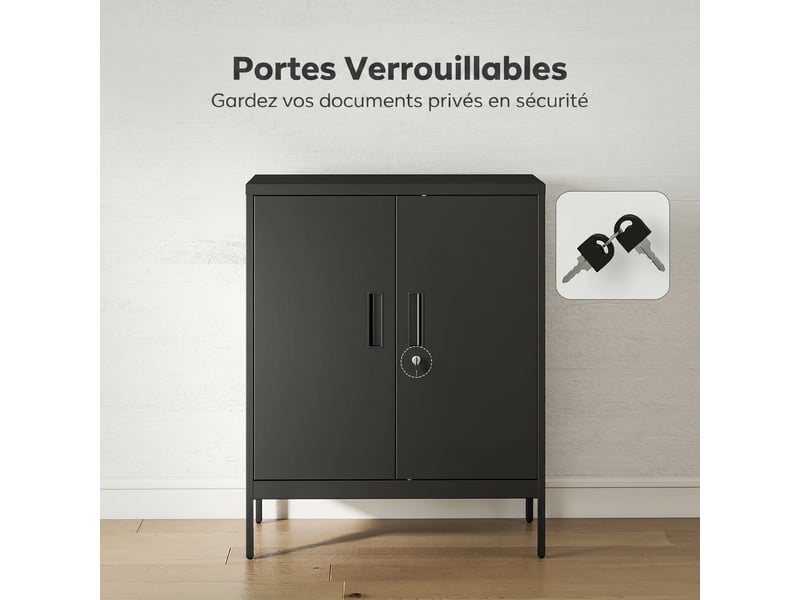  Armoire de bureau métallique, 80 x 40 x 100 cm, meuble de rangement, serrure, noir, 2 portes et 2 étagères réglables  - Conforama E