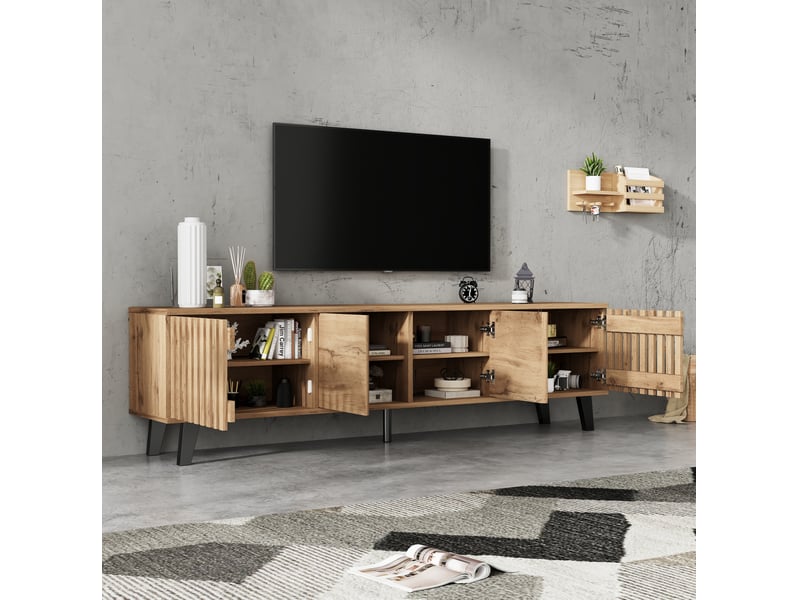  Meuble tv 180 x 40 x 55 cm, panneaux de particules bois et noir, 4 portes, écran jusqu'à 70 pouces  - Conforama B