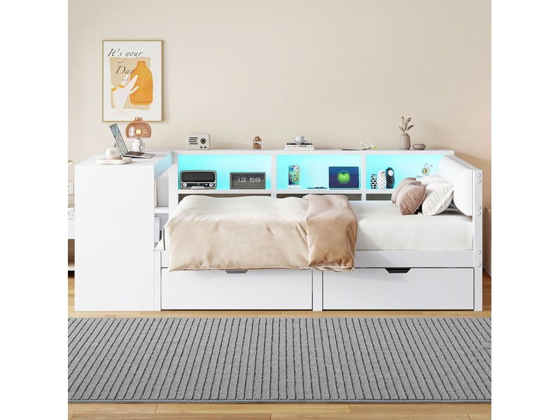  Lit plateforme 140x200 cm avec tiroirs, étagères, led et station de charge blanc  - Conforama B