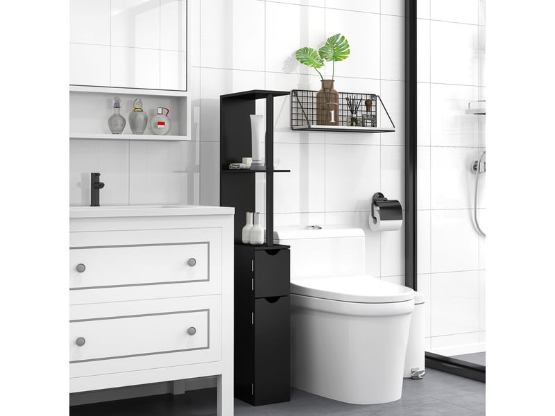  Meuble de salle de bain avec 2 étagères et 2 placards, armoire haute gain de place 15,2 x 29,8 x 118 cm, noir  - Conforama C