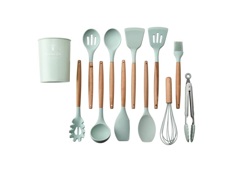 Ensemble de 11 ustensiles de cuisine verts, comprenant un seau de rangement et une poêle antiadhésive  - Conforama A