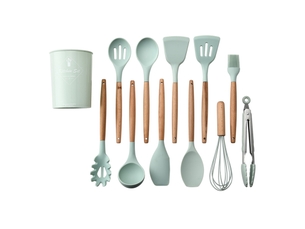 Ensemble de 11 ustensiles de cuisine verts, comprenant un seau de rangement et une poêle antiadhésive