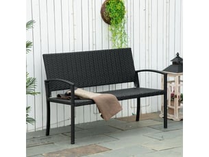 Banc de jardin 2 places en polyrotin noir, cadre acier, 122x60x87 cm, terrasse et jardin