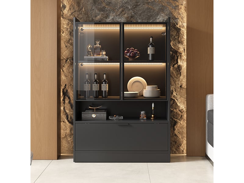 Vitrine led 80x35x120 cm avec portes en verre trempé, éclairage multicolore via appli, porte abattante, finition noir mat, meuble de rangement - Conforama B
