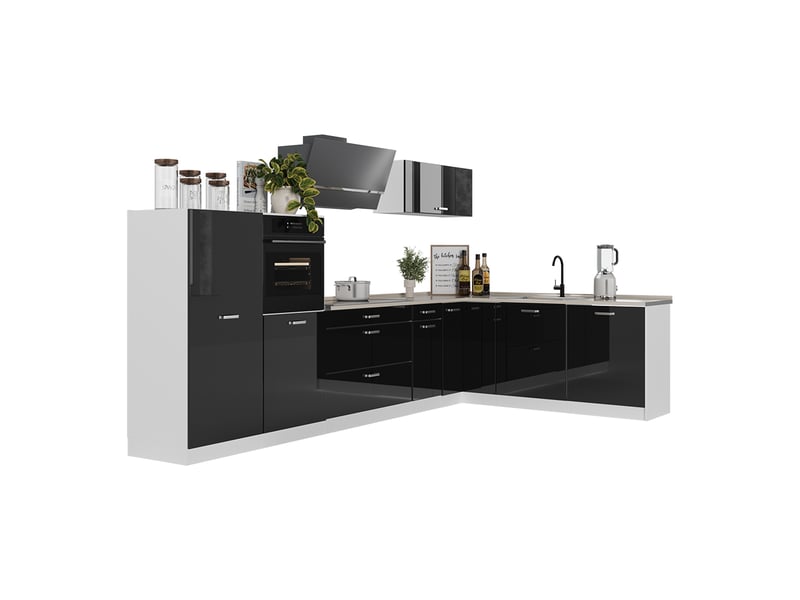 Vicco cuisine en angle, noir haute brillanceblanc, 347 x cm plan de travail marbre - Conforama E