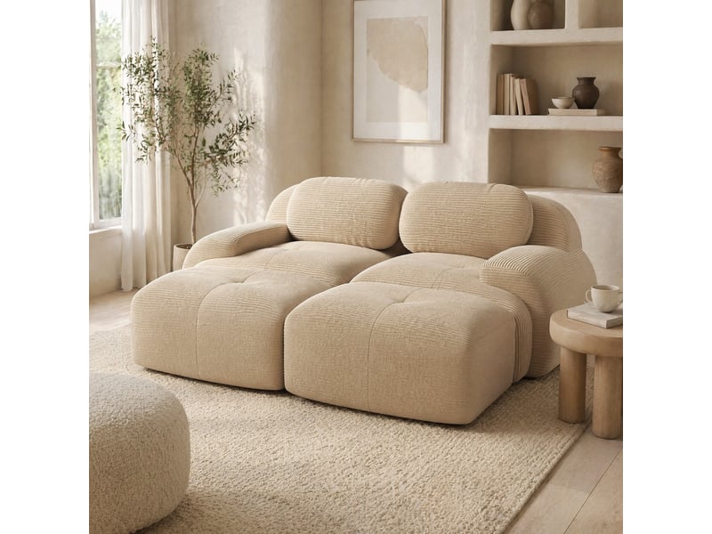  Canapé 2 places modulable en velours côtelé beige avec méridienne  - Conforama C