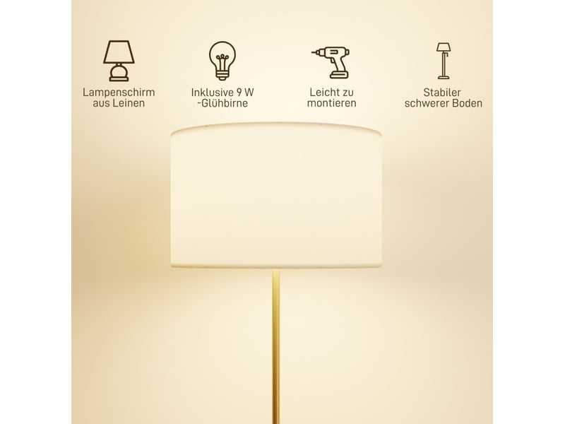  Lampe de pied avec télécommande, réglable en hauteur, abat-jour tissu, pied métallique, lumière ajustable, interrupteur au pied, couleur or  - Conforama E