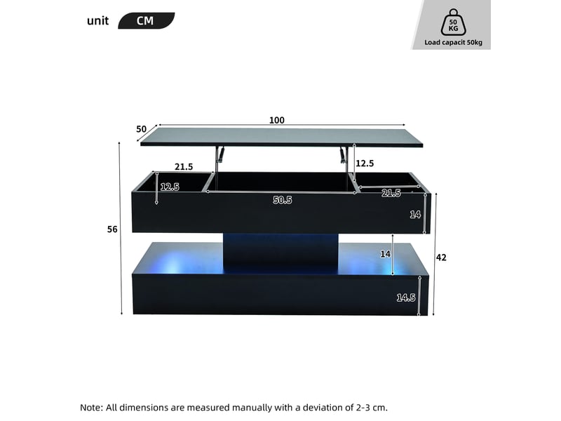  Table basse relevable avec rangement caché, led et prises pour salon 100×50×42 cm en panneaux de particules noirs  - Conforama E