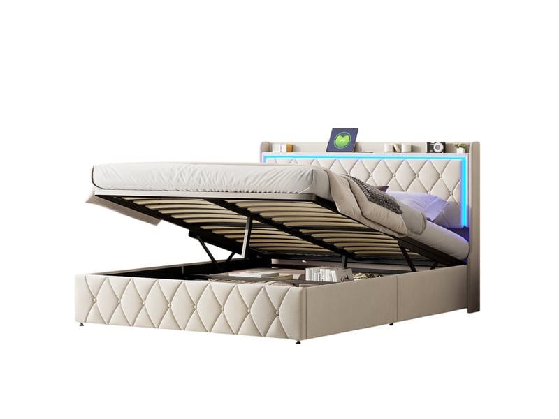  Lit double 140 x 190 cm,hydraulique, led, usb et de type c, cadre de lit coffre 140x190 cm, lit rembourré, beige,velours  - Conforama A
