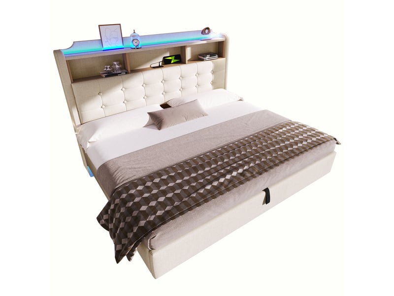  Lit coffre king size 180x200cm - lit suspendu design flottant avec éclairage led, tête de lit étagère, prises usb &amp; type-c, tissu lin beige evarich - Conforama A
