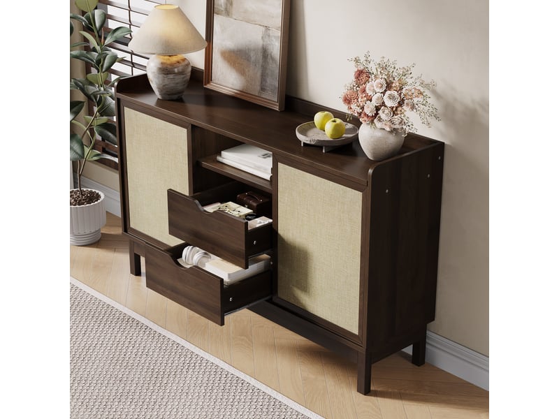  Commode 2 tiroirs et 2 portes coulissantes, 150 x39,5 x 80 cm, style vintage, design « color-block », couleur noyer  - Conforama D