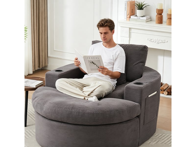  Fauteuil lounge  rond avec repose-pieds - rangement, porte-gobelet et coussins - velours côtelé - gris CozyNest - Conforama D