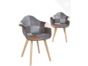Lot de 2 chaises scandinaves neda avec accoudoirs en tissu patchwork marron et pieds en bois clair