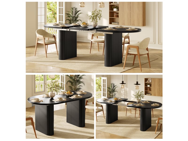  Table à manger ovale extensible 120-160x80x75,5 cm, pieds à relief vertical, mdf et métal, 4 à 6 personnes - noir  - Conforama B
