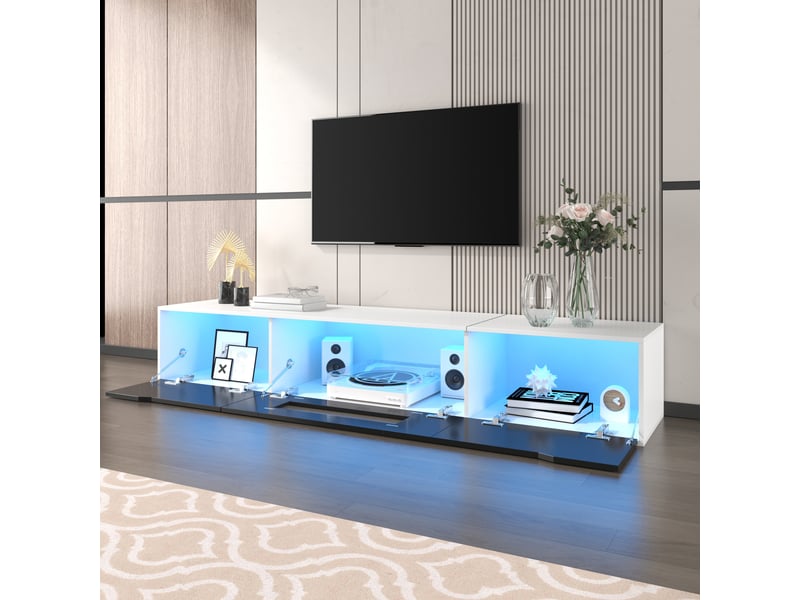  Meuble tv noir et blanc brillant avec éclairage led - couleurs changeantes, design moderne  - Conforama D