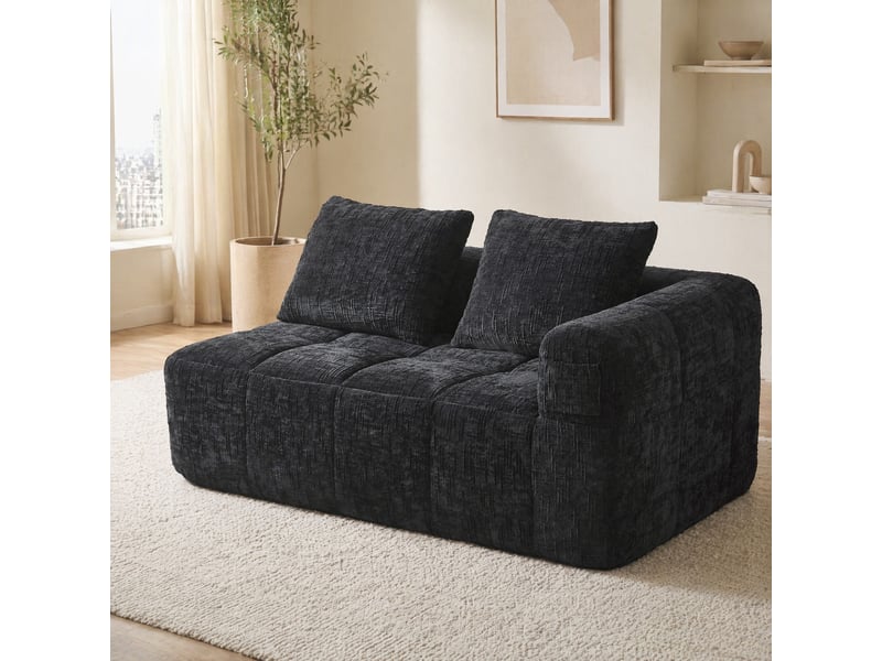  Canapé droit style méridienne avec coussin et poches latérales en chenille noir, 158×90×60 cm  - Conforama C