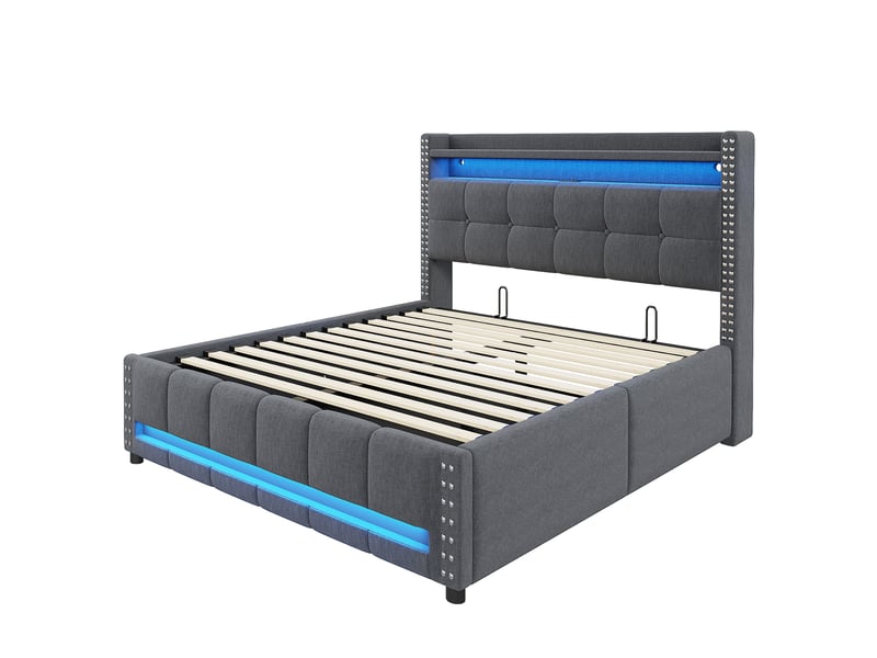  Lit double rembourré 160*200cm avec led et usb, tête avec étagères et rangement, coffre hydraulique, lin gris  - Conforama A