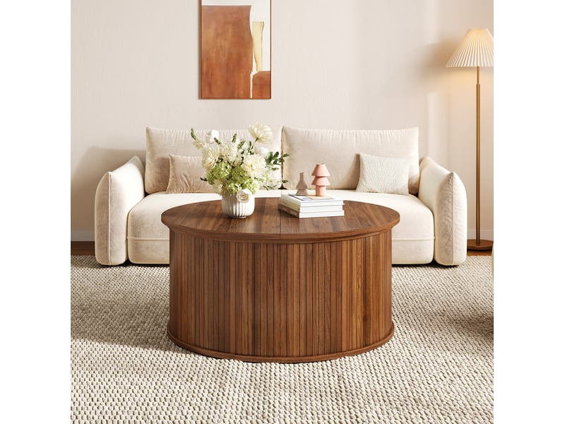  Table basse tcqpz ronde 88 cm plateau relevable avec rangement mdf finition noyer  - Conforama E