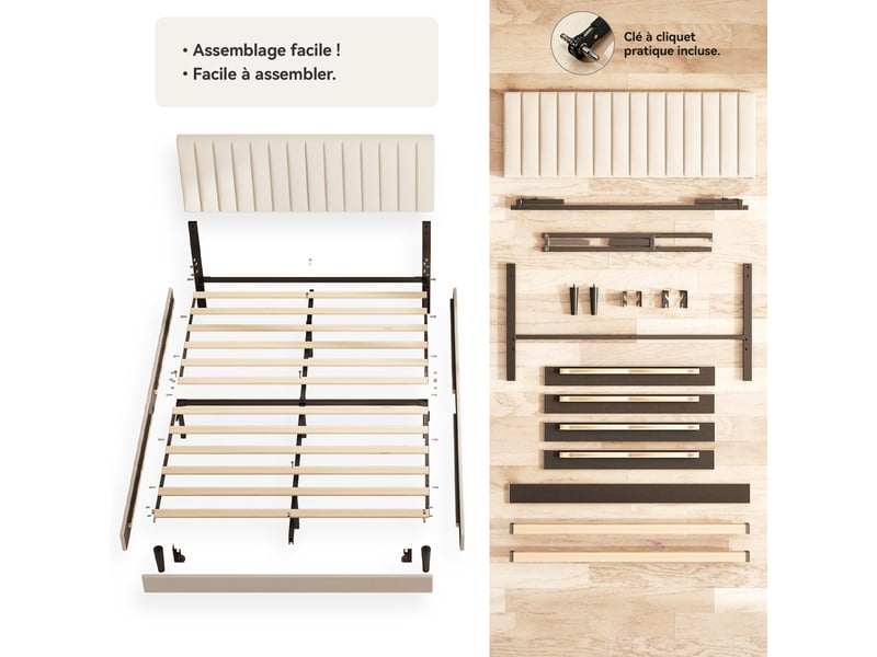 Lit 140 x 200 avec sommier,cadre de lit en métal robuste et durable, lattes en bois,lin beige  - Conforama C