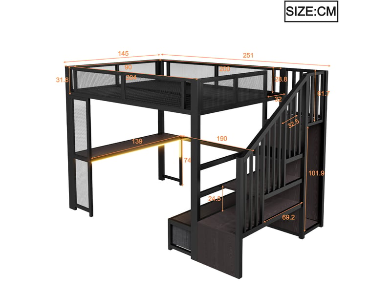 Lit mezzanine 140 × 200 cm 2 places avec bureau, 3 tiroirs, led et port usb, sans matelas, métal noir - Conforama D