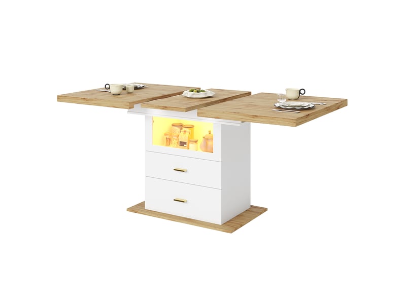Table à manger extensible 110–140 cm, bois clair et blanc, led et rangement Fay Lum - Conforama A