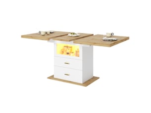 Table à manger extensible 110–140 cm, bois clair et blanc, led et rangement